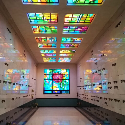 Symbols of beauty, rebirth and resilience adorn New Radiance Coordior inside Mountain View Mausoleum in Altadena, CA